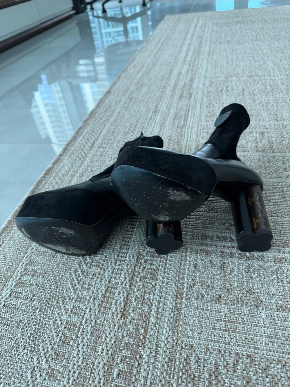 Louis Vuitton Black Platform Ankle Boots with Monogram Heel